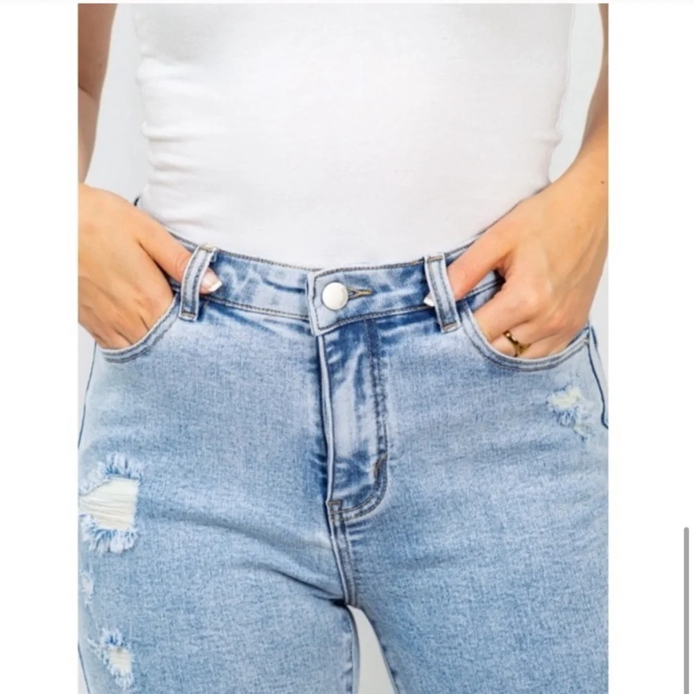 Plus Size Light Wash Distressed Bermuda Denim Shorts – High Rise, Super Stretchy